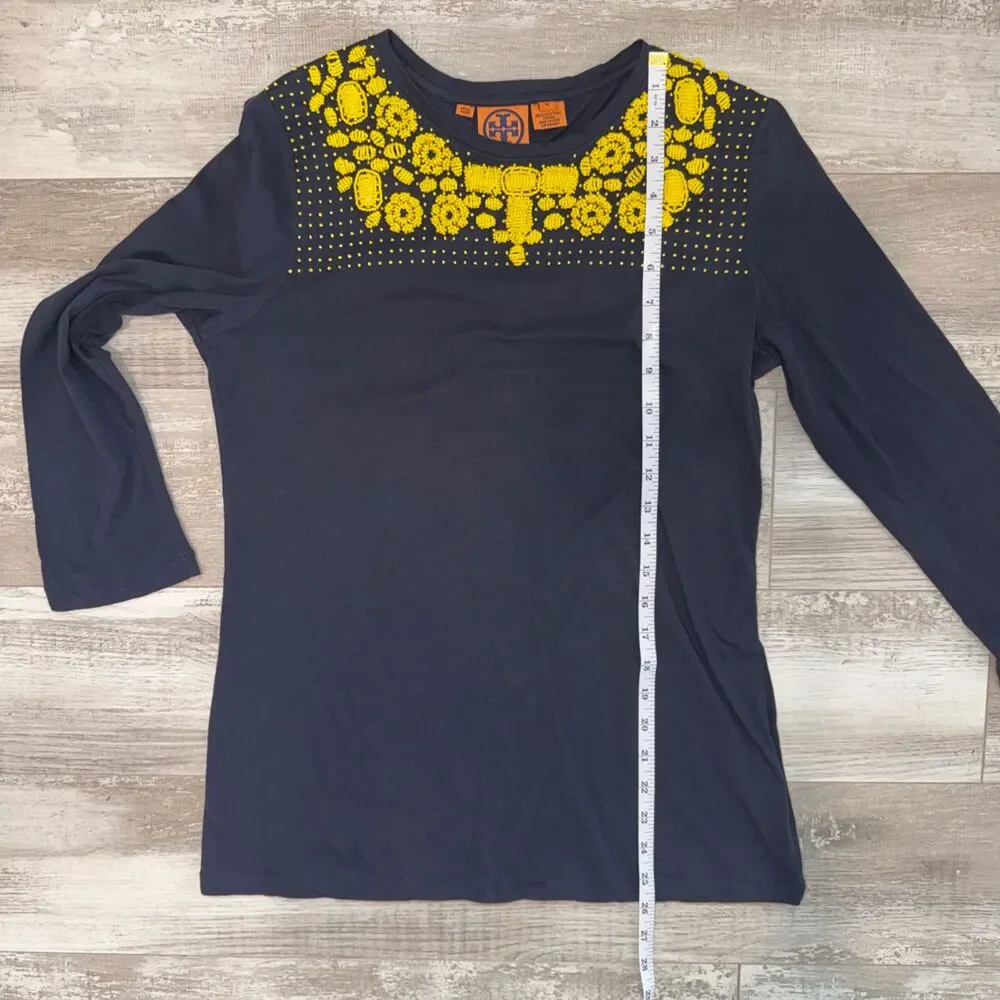Tory Burch Beaded Embellished Navy Cotton Top Yellow Statement Boho Preppy M